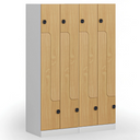 Kovová šatní skříňka Z, 4 oddíly, 1850 x 600 x 500 mm, demont, kódový zámek, laminované dveře, ořech