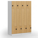 Kovová šatní skříňka Z, 4 oddíly, 1850 x 600 x 500 mm, demont, RFID zámek, laminované dveře, dub přírodní
