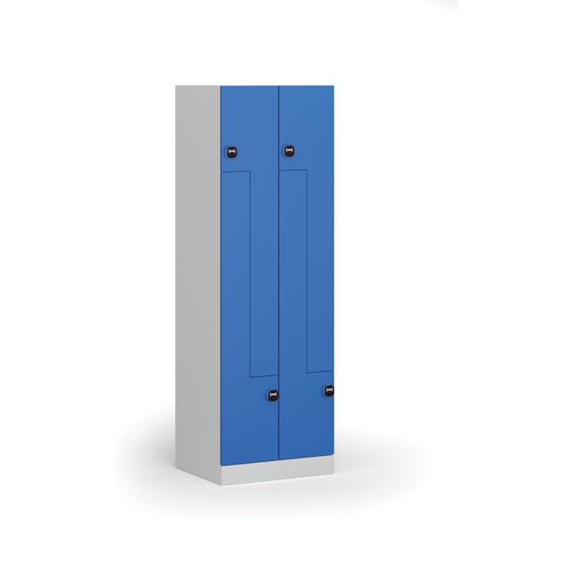 Kovová šatní skříňka Z, 4 oddíly, 1850 x 600 x 500 mm, zámek s čtečkou RFID karet, modré dveře