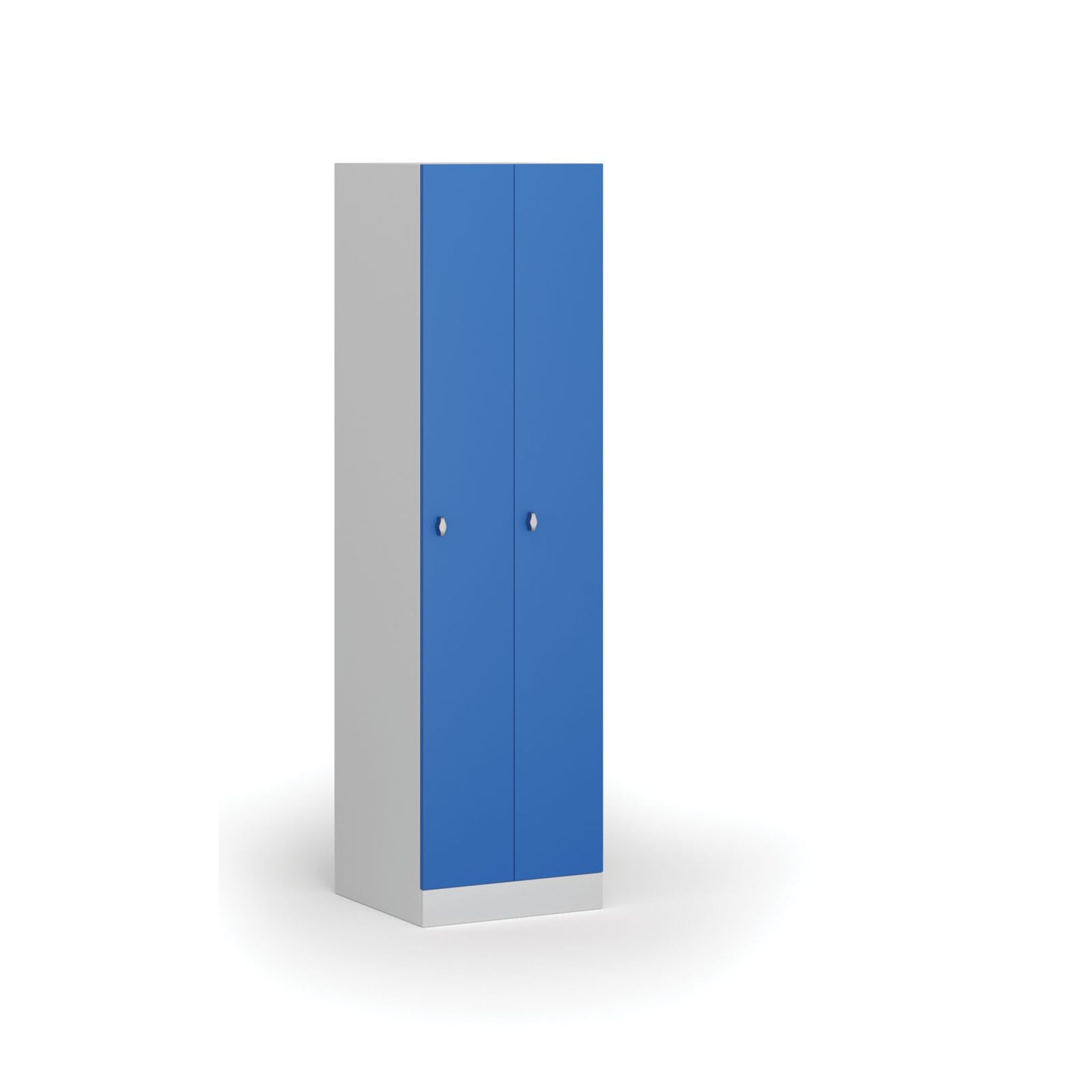 Kovová šatní skříňka zúžená, 2 oddíly, 1850 x 500 x 500 mm, otočný zámek, modré dveře