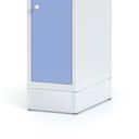 Kovová šatníková skrinka na sokli s úložnými boxami, 2 boxy, 1920 x 300 x 500 mm,  cylindrický zámok, tmavosivé dvere