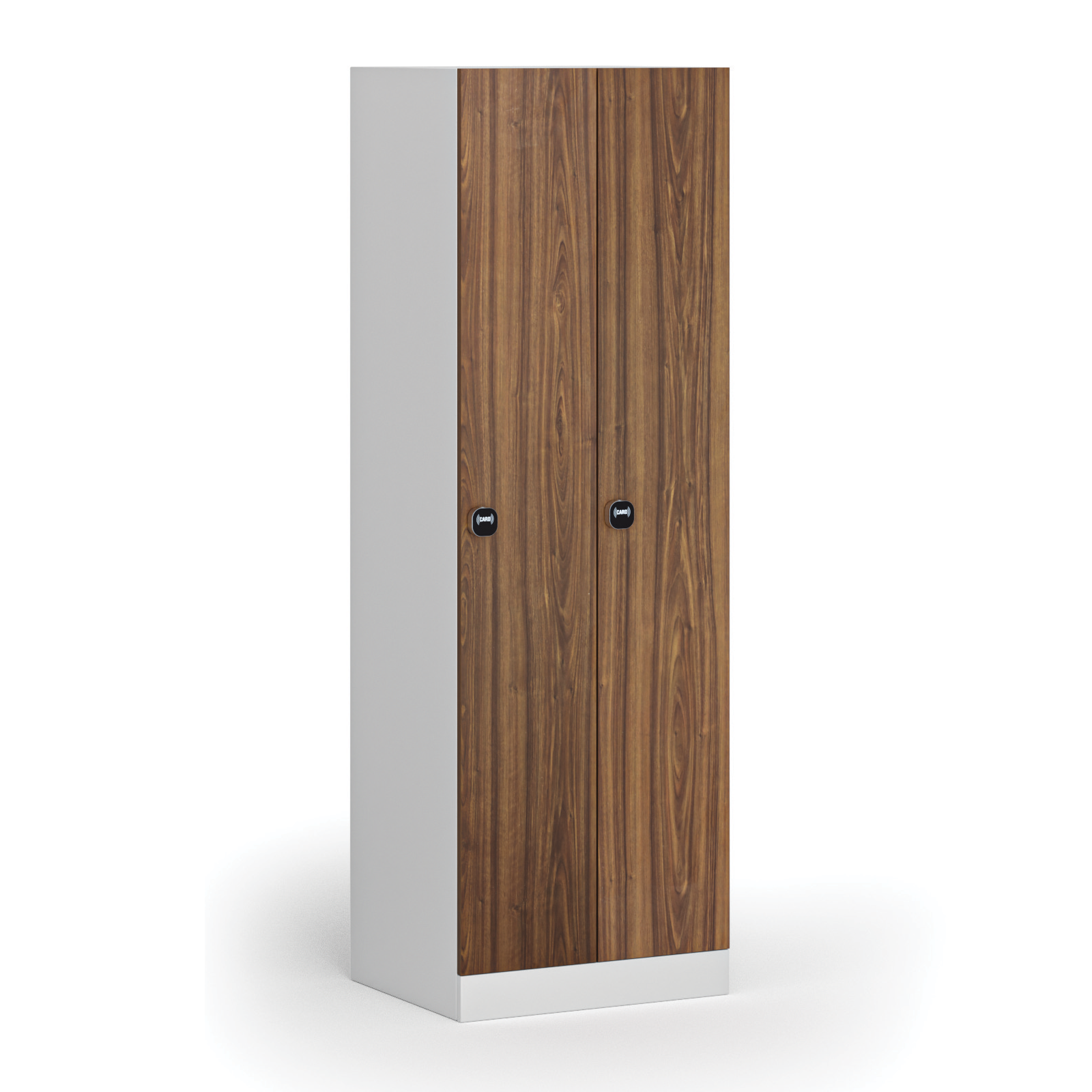 Fotografia produktu: Kovová šatníková skrinka S1, 2-dverová, 1850 x 600 x 500 mm, demont, zámok s čítačkou RFID kariet, laminované dvere, orech