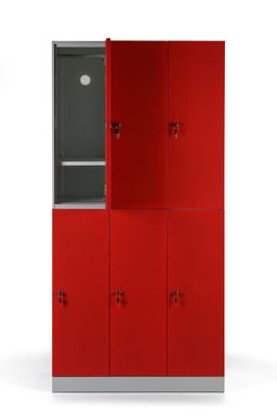 Kovová šatníková skrinka S1 s úložnými boxami, 6 boxov, 1850 x 900 x 500 mm, demont, cylindrický zámok, červené dvere