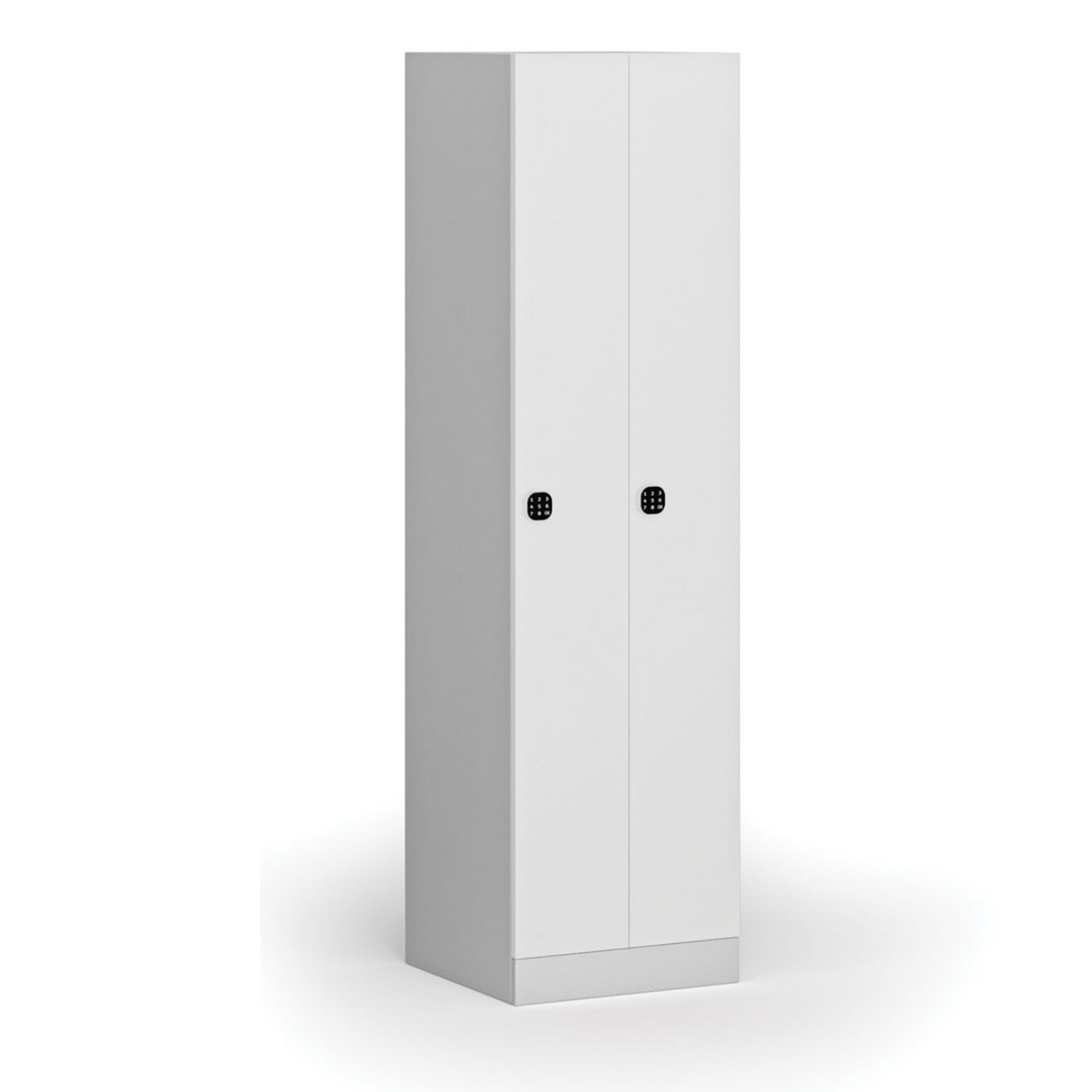 Kovová šatníková skrinka S1 zúžená, 2 oddiely, 1850 x 500 x 500 mm, demont, kódový zámok, laminované dvere, biela