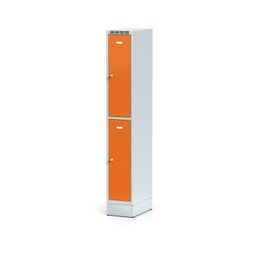 Kovová šatníková skrinka S6 na sokli s úložnými boxami, 2 boxy, 1920 x 300 x 500 mm, otočný zámok, oranžové dvere