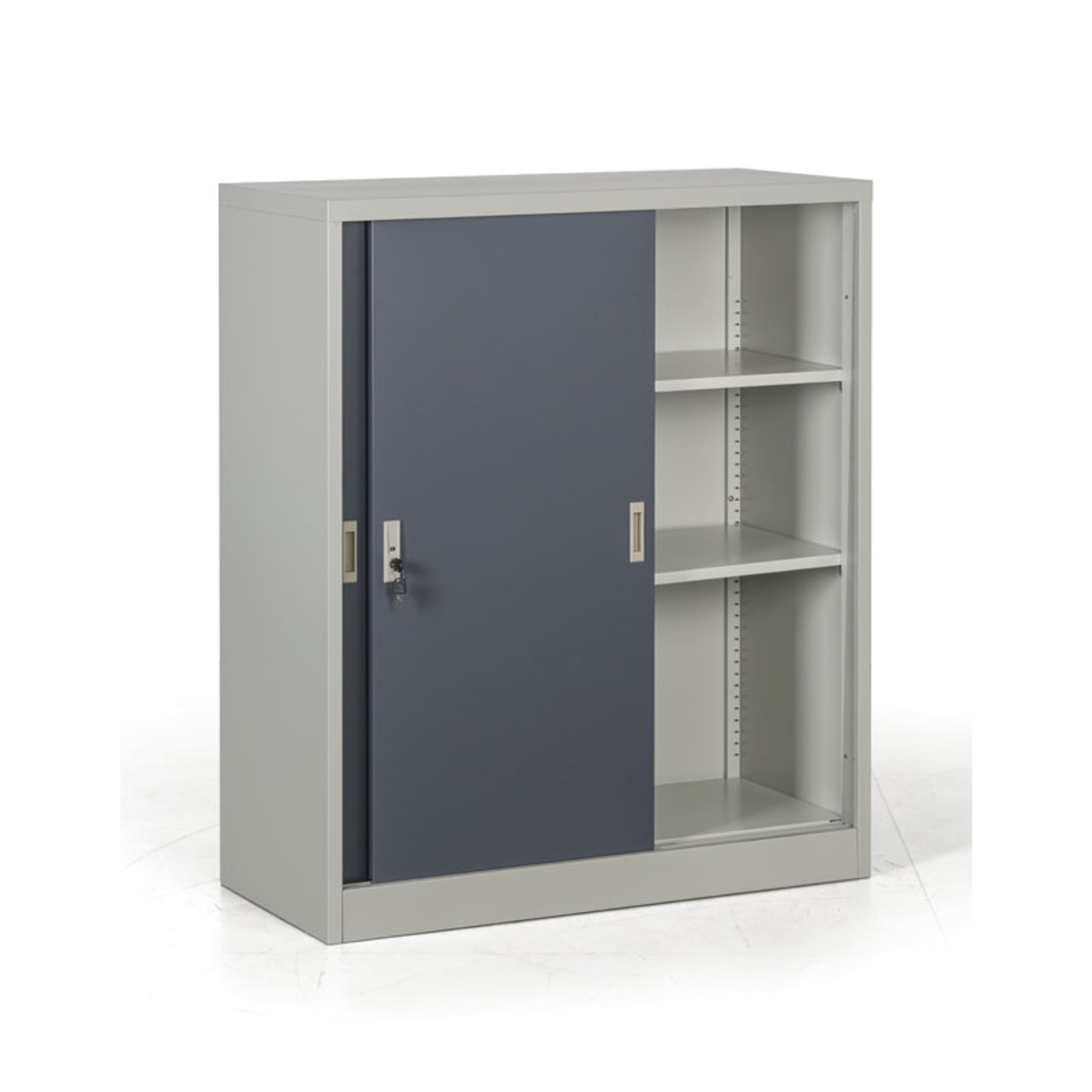 Kovová skříň s posuvnými dveřmi, demontovaná, 2 police, 1000 x 1200 x 450 mm, tmavě šedá