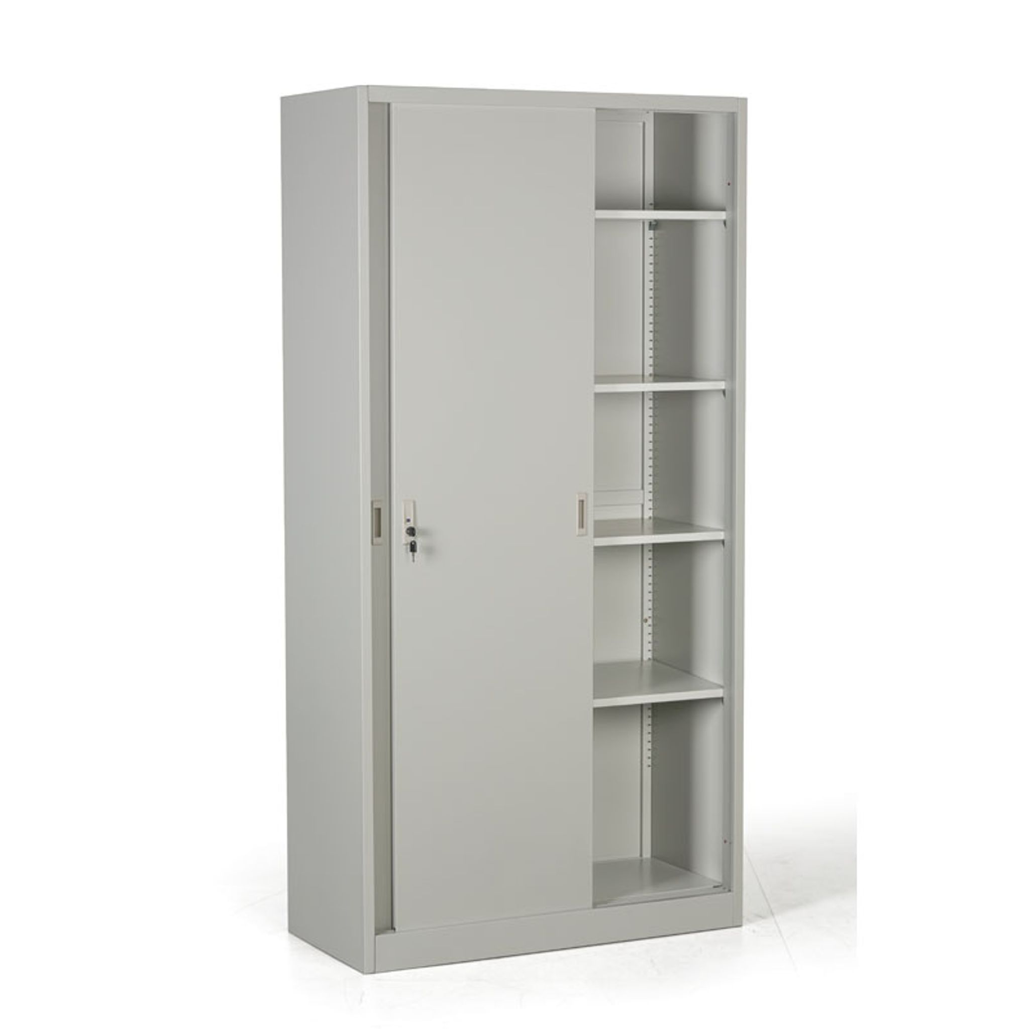 Kovová skriňa s posuvnými dverami, demontovaná, 4 police, 1000 x 1990 x 450 mm, svetlo sivá