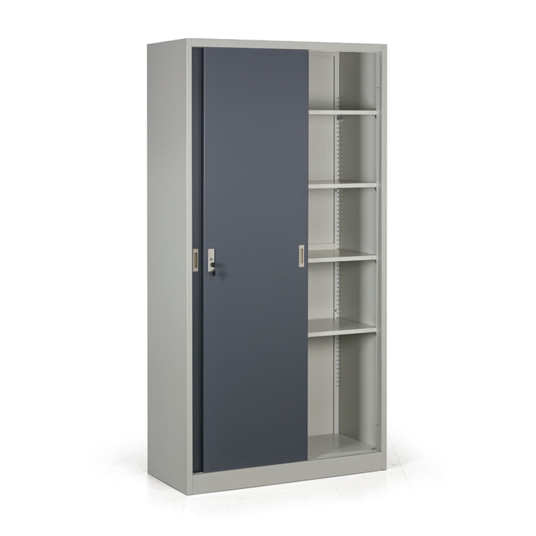 Kovová skriňa s posuvnými dverami, demontovaná, 4 police, 1000 x 1990 x 450 mm, tmavo sivá