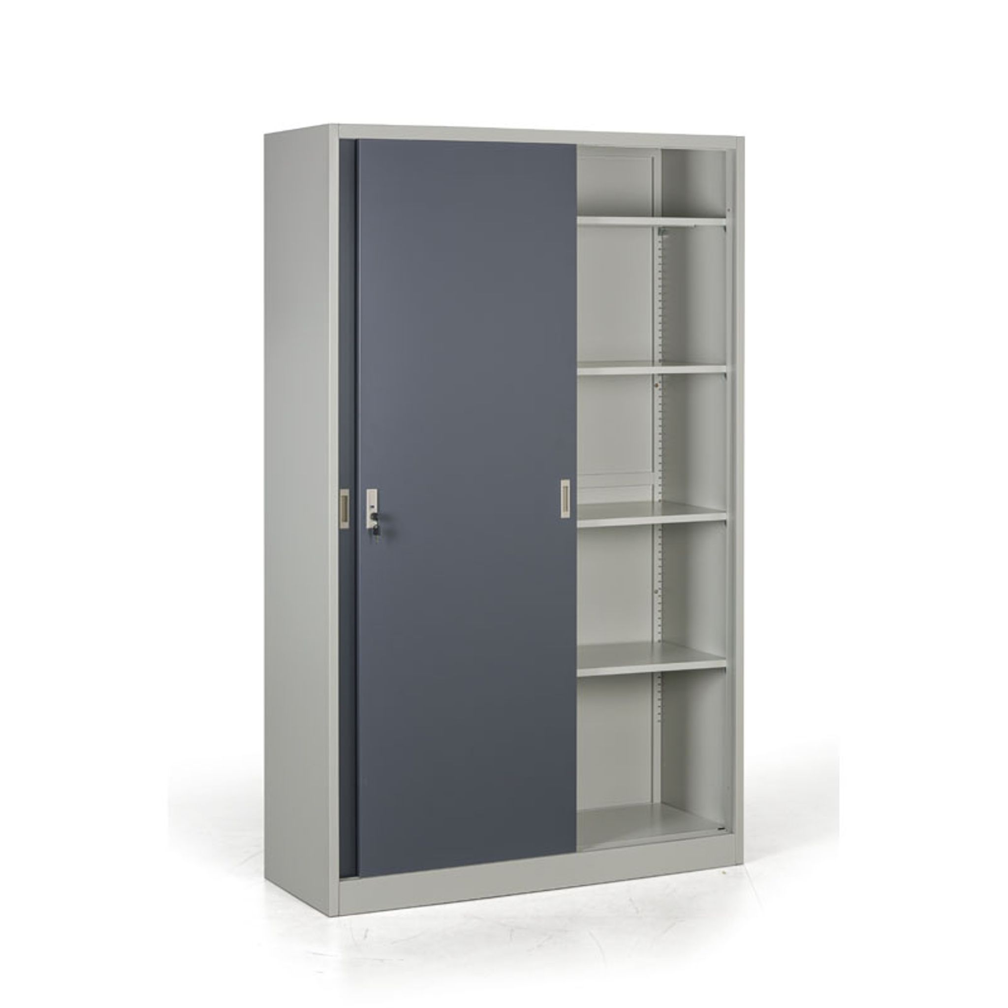 Kovová skriňa s posuvnými dverami, demontovaná, 4 police, 1200 x 1990 x 450 mm, tmavo sivá