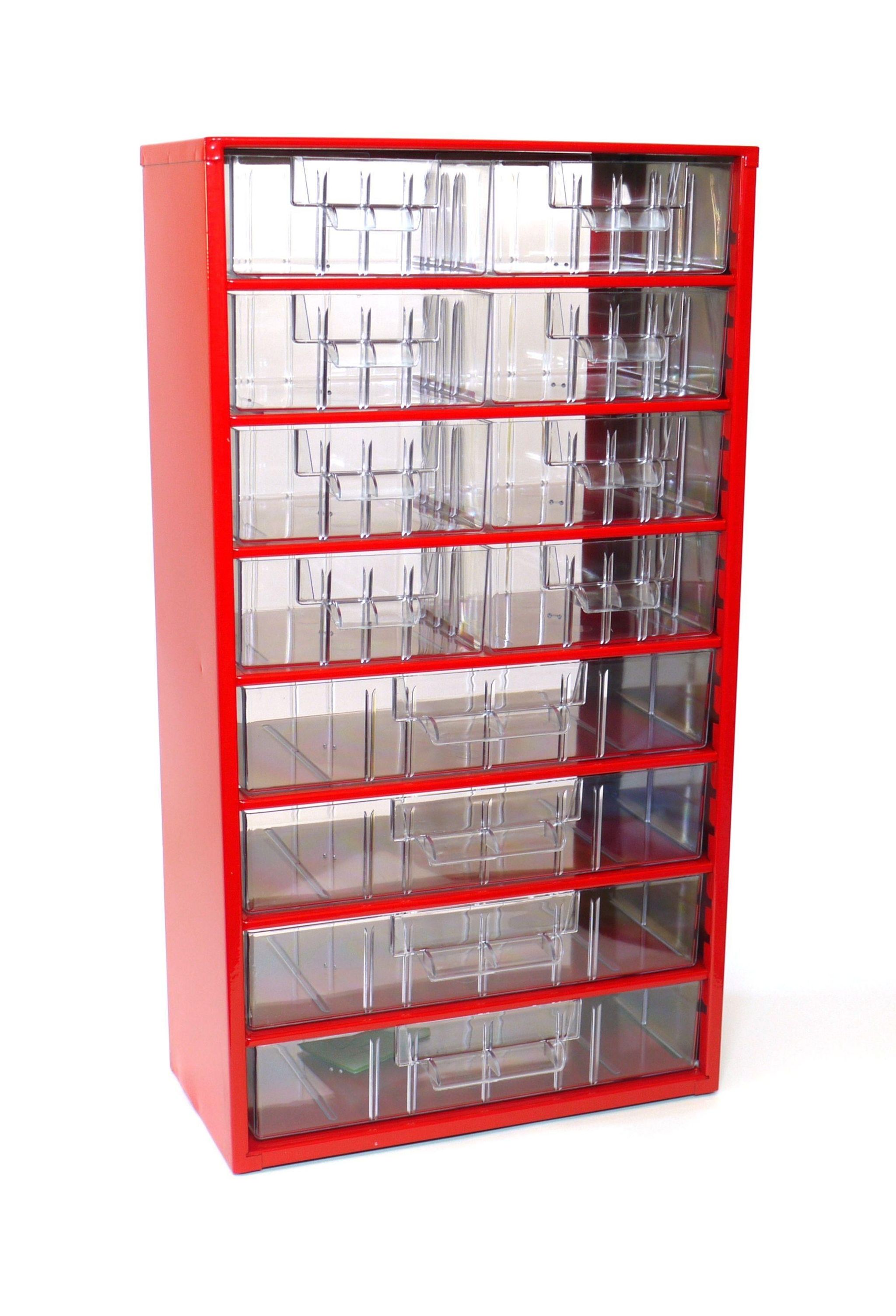 Kovová závesná skrinka so zásuvkami, 12 zásuviek, červená