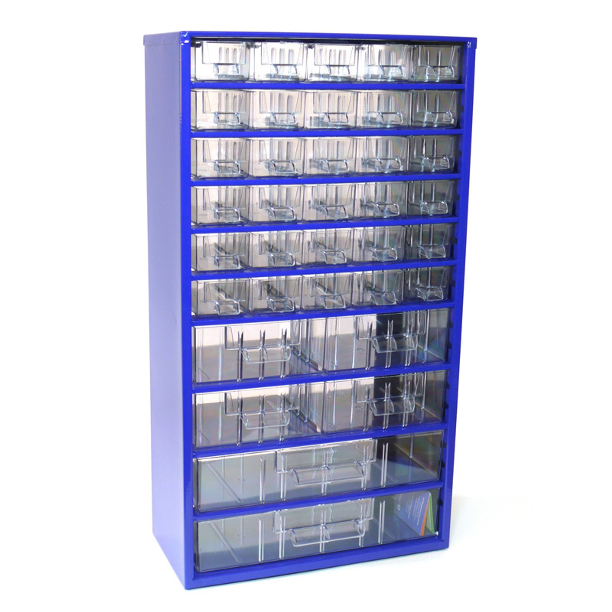 Kovová závesná skrinka so zásuvkami, 36 zásuviek, modrá