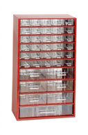 Kovová závesná skrinka so zásuvkami, 37 zásuviek, červená