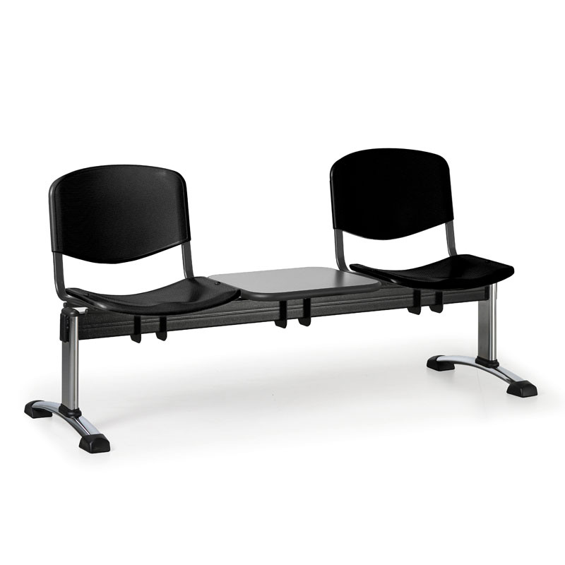 Euroseat Kunststoff-Wartezimmerbank, Traversenbank ISO, 2-sitzig + Tisch, schwarz, verchromte Füße