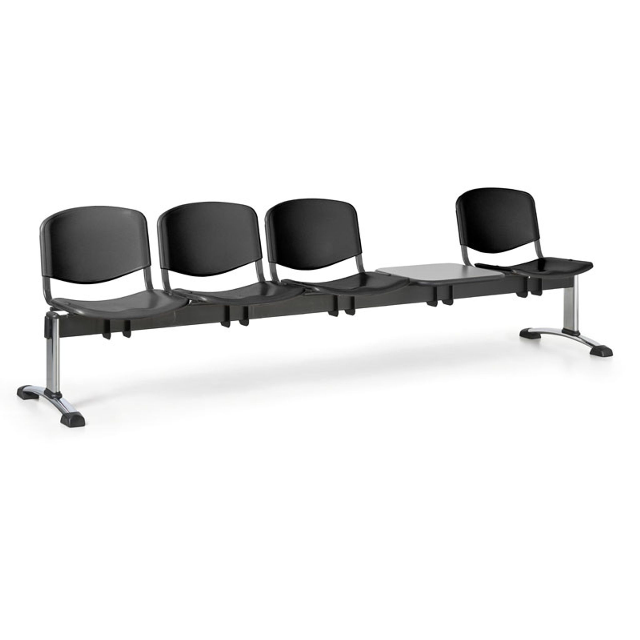 Kunststoff-Wartezimmerbank, Traversenbank ISO, 4-sitzig + Tisch, schwarz, verchromte Füße