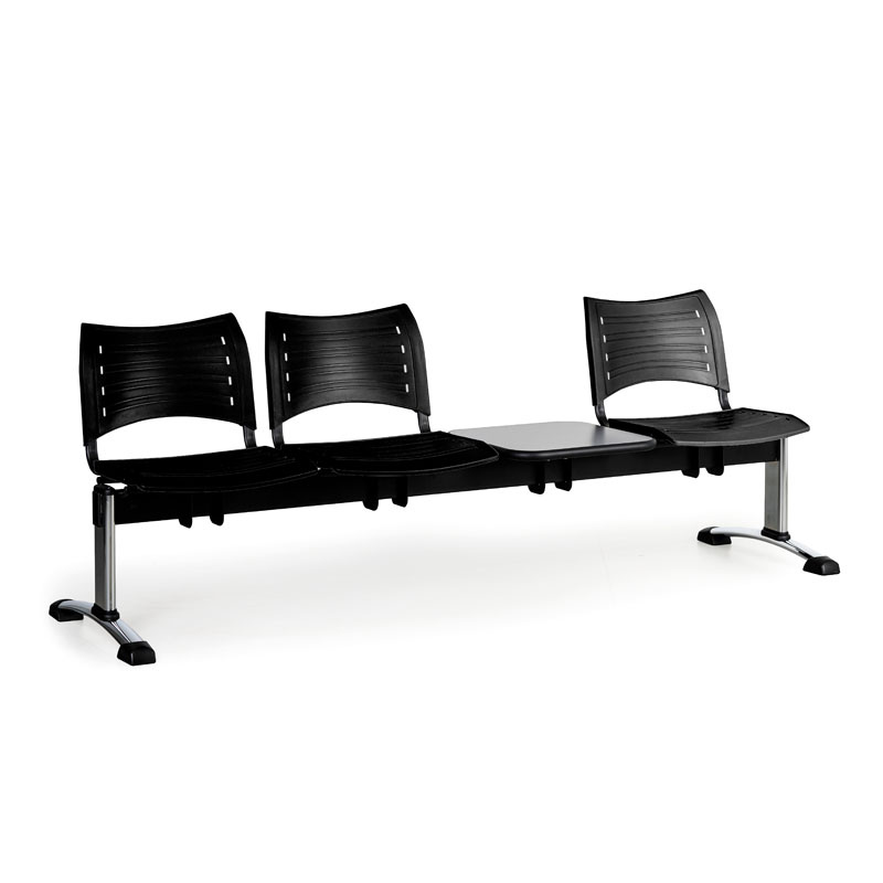 B2B Partner Kunststoff-Wartezimmerbank, Traversenbank VISIO, 3-sitzer + Tisch, schwarz, verchromte Füße