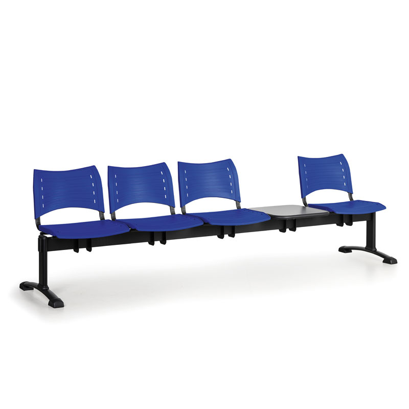 B2B Partner Kunststoff-Wartezimmerbank, Traversenbank VISIO, 4-sitzer + Tisch, blau, schwarze Füße