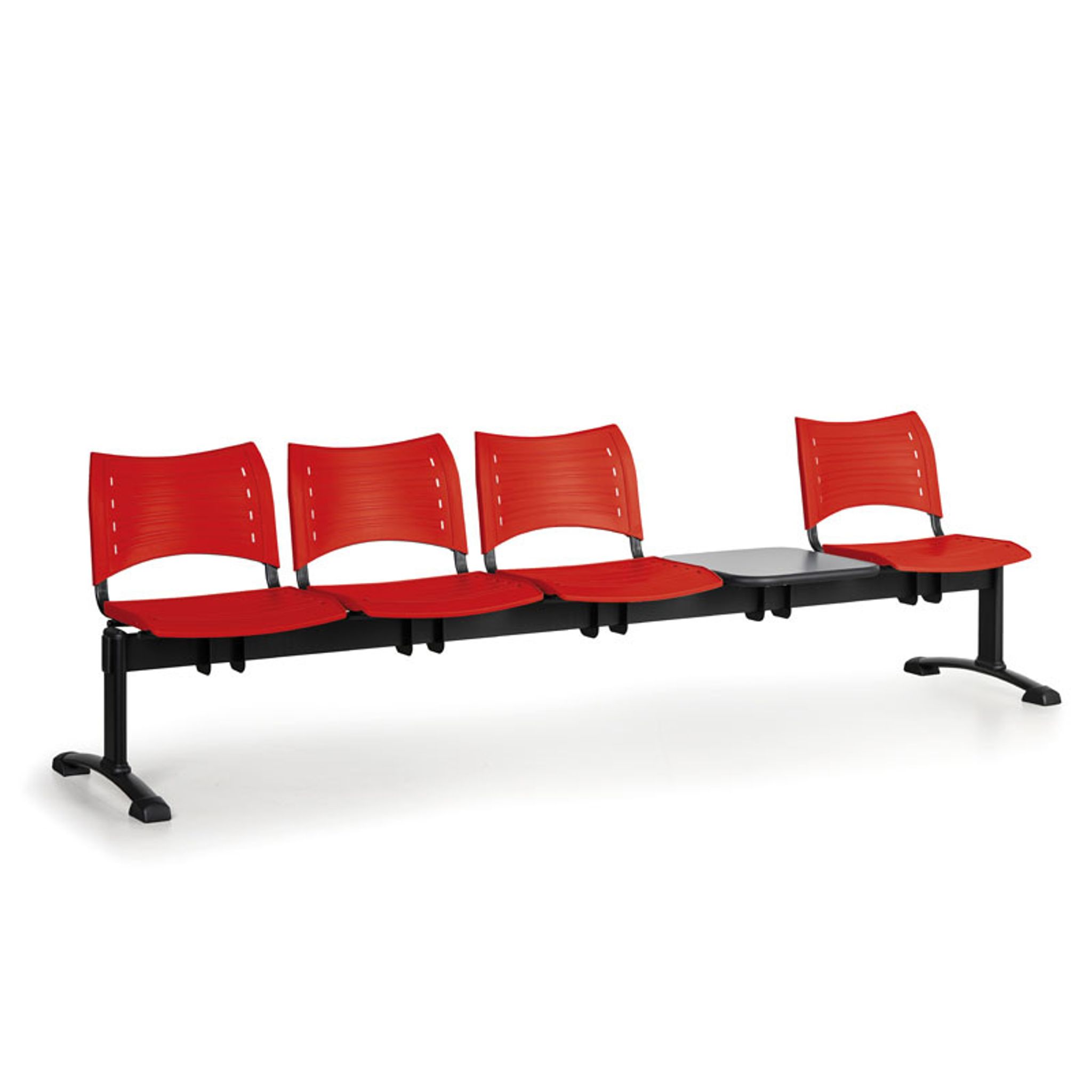 Kunststoff-Wartezimmerbank, Traversenbank VISIO, 4-sitzer + Tisch, rot, schwarze Füße