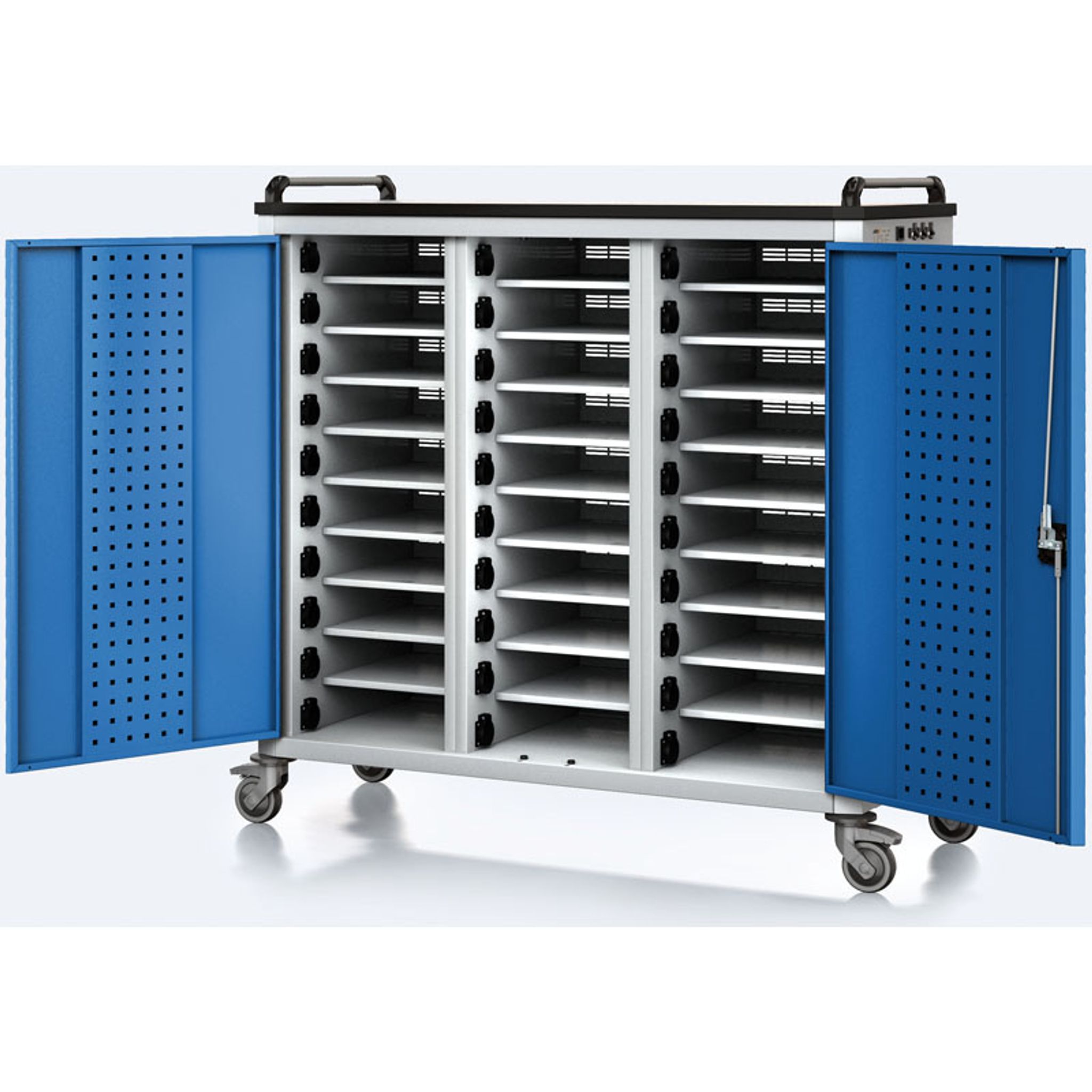 Ladewagen für Laptops/Tablets, 30 Fächer, Grau/Blau Ladewagen für Laptops/Tablets, 30 Fächer, Grau/Blau