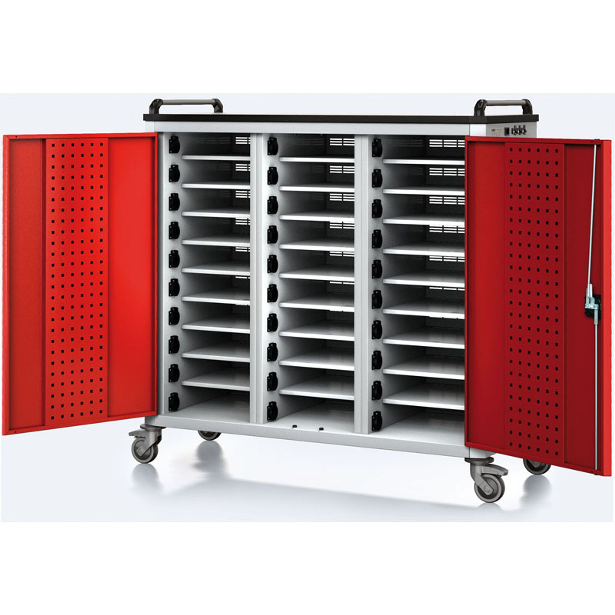 Ladewagen für Laptops/Tablets, 30 Fächer, Grau/Rot Ladewagen für Laptops/Tablets, 30 Fächer, Grau/Rot