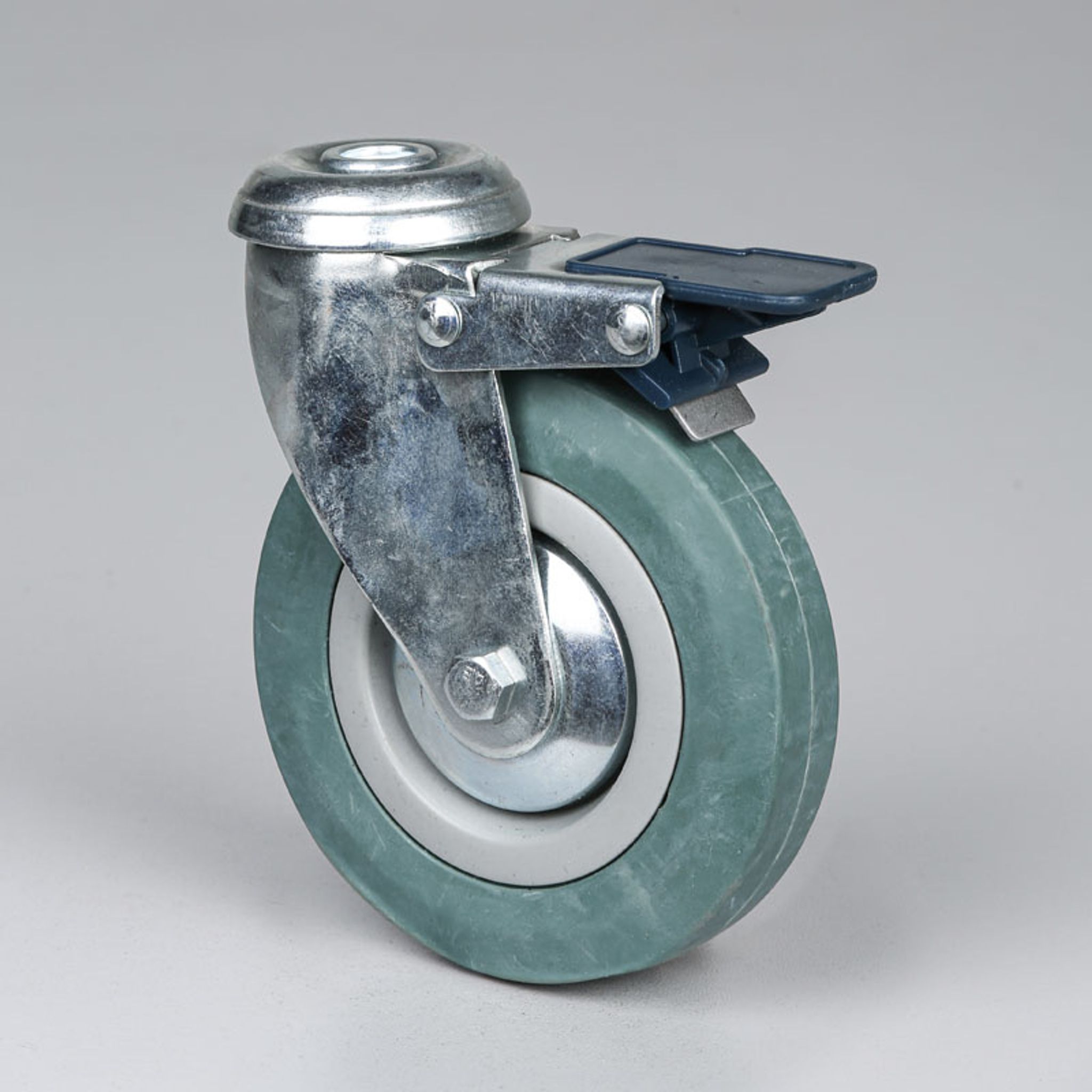 Lenkrolle mit Kunststoff-Feststeller, 125 mm, Mittelloch, grauer Gummi