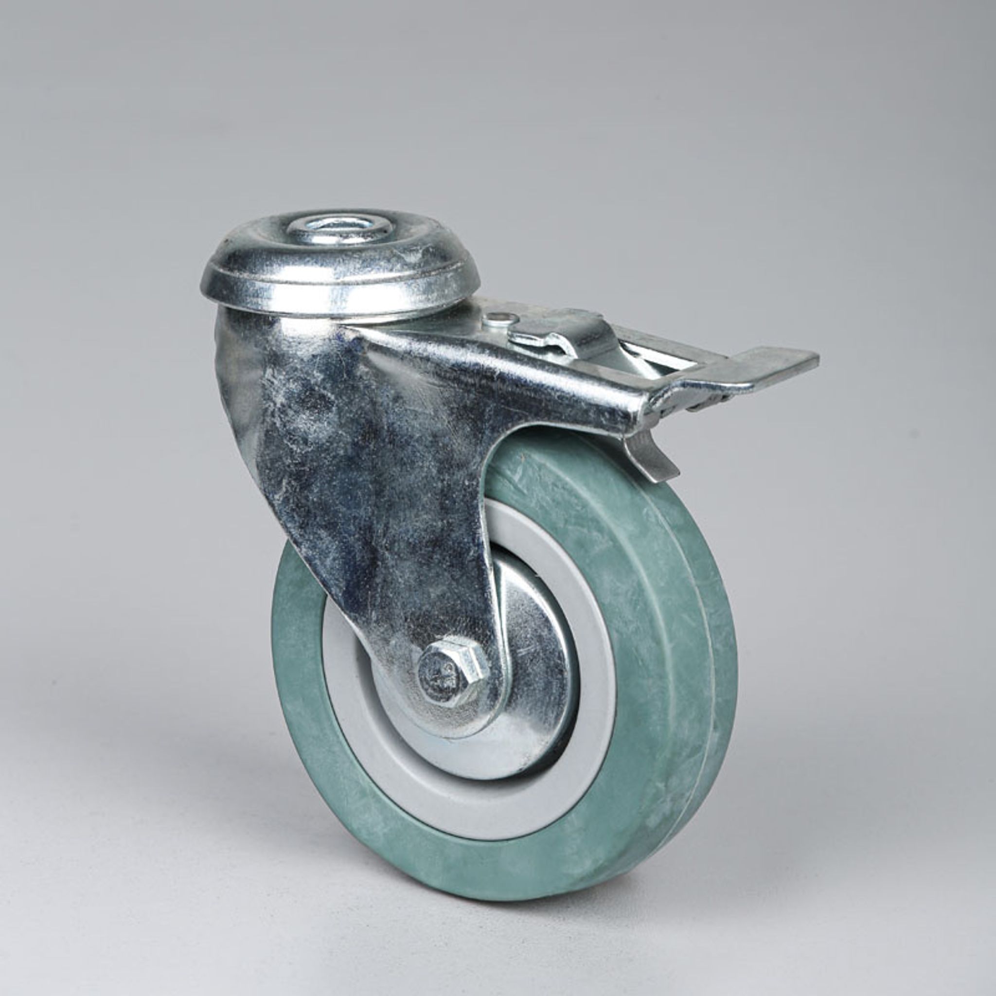 Lenkrolle mit Stahl-Feststeller, 100 mm, Mittelloch, grauer Gummi