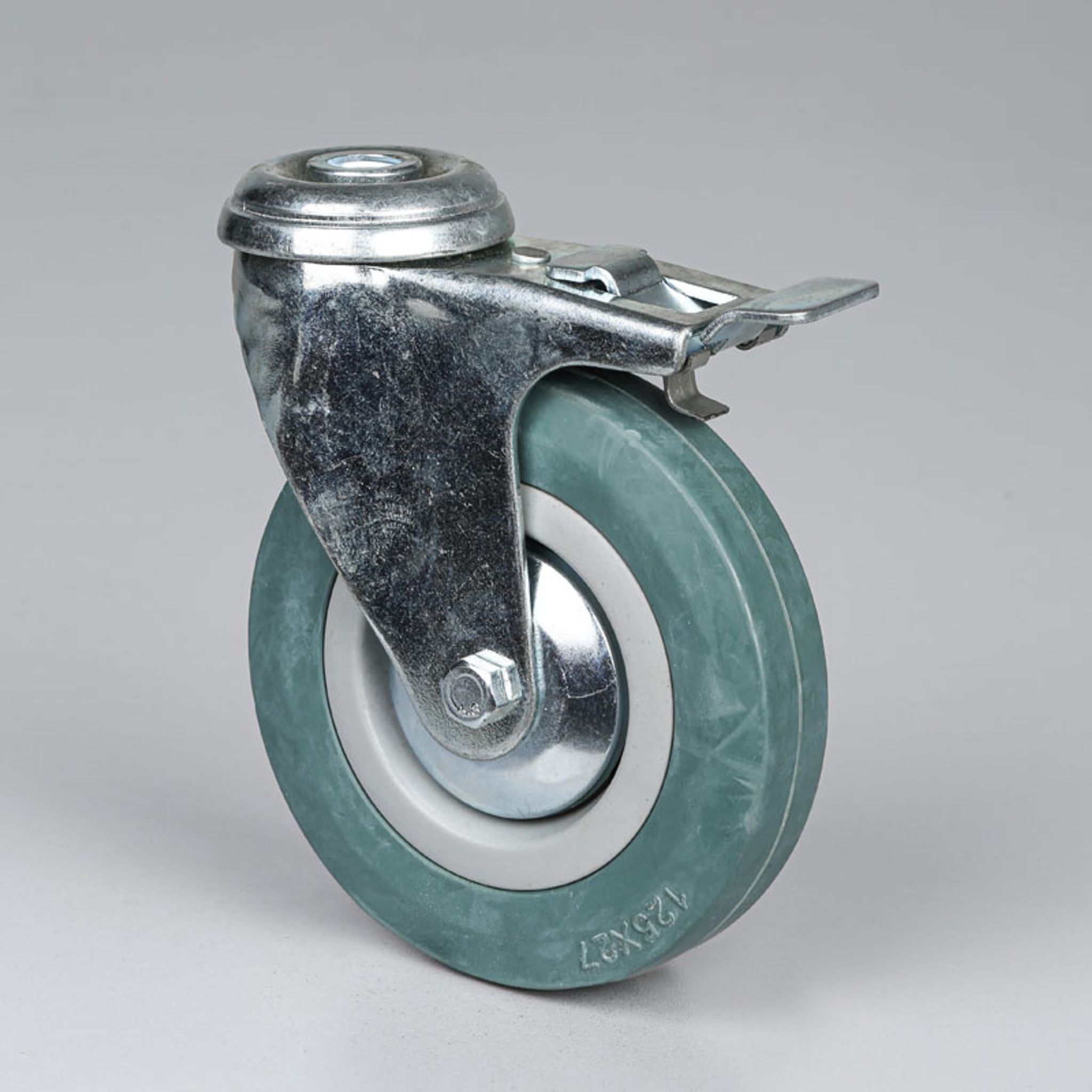 Lenkrolle mit Stahl-Feststeller, 125 mm, Mittelloch, grauer Gummi