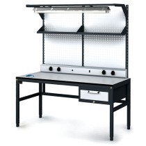 Antistatický dielenský ESD stôl, perfopanel, police, osvetlenie, 1 zásuvkový box na náradie, 1600x800x745-985 mm