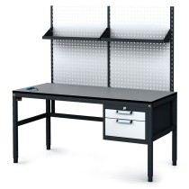 Antistatický dielenský ESD stôl s perfopanelom a policami, 2 zásuvkový box na náradie, 1600x800x745-985 mm