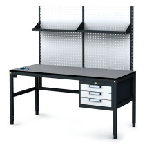 Antistatický dielenský ESD stôl s perfopanelom a policami, 3 zásuvkový box na náradie, 1600x800x745-985 mm