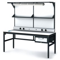 Antystatyczny stół warsztatowy ESD, panel perforowany, półka, oświetlenie, 1 skrzynka szufladowa na narzędzia, 1800 x 800 x 745-985 mm
