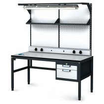 Antystatyczny stół warsztatowy ESD, panel perforowany, półki, oświetlenie, 2 skrzynki szufladowe na narzędzia, 1600 x 800 x 745-985 mm