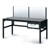 Antystatyczny stół warsztatowy ESD z panelem perforowanym, 1 skrzynka szufladowa na narzędzia, 1600 x 800 x 745-985 mm