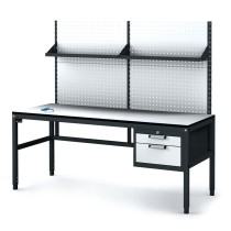 Antystatyczny stół warsztatowy ESD z panelem perforowanym i półkami, 2 skrzynki szufladowe na narzędzia, 1800 x 800 x 745-985 mm