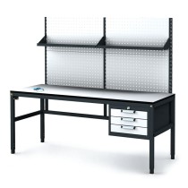 Antystatyczny stół warsztatowy ESD z panelem perforowanym i półkami, 3 skrzynki szufladowe na narzędzia, 1800 x 800 x 745-985 mm