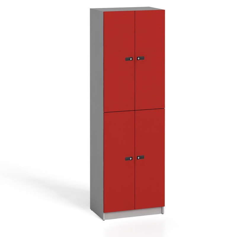 Boxová šatňová skrinka drevená s úložnými boxami, 4 boxy, kódový zámok, červoná