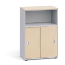 Büroschrank kombiniert PRIMO, Schiebetür, 1087 x 800 x 420 mm, grau / Birke