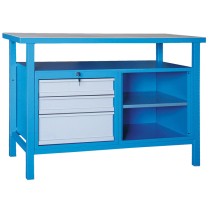 Dielenský pracovný stôl GÜDE Basic, smrek + buková preglejka, 3 zásuvky, 1 polica, 1190 x 600 x 850 mm, modrá
