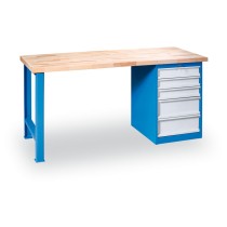 Dielenský pracovný stôl GÜDE Variant, buková škárovka, pevná noha + zásuvkový dielenský box na náradie, 5 zásuviek, 1200 x 685 x 850 mm, modrá