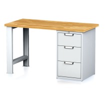Dielenský pracovný stôl MECHANIC I, pevná noha + dielenský box na náradie, 3 zásuvky, 1500 x 700 x 880 mm, sivé dvere