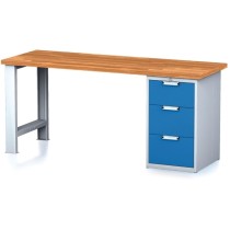 Dielenský pracovný stôl MECHANIC I, pevná noha + dielenský box na náradie, 3 zásuvky, 2000 x 700 x 880 mm, modré dvere