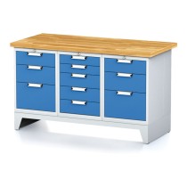 Dielenský stôl MECHANIC, 1500x700x880 mm, 1x 5 zásuvkový kontajner, 2x 3 zásuvkový kontajner, sivá/modrá