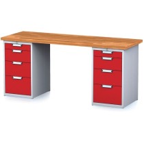 Dielenský stôl MECHANIC, 2000x700x880 mm, 2x 4 zásuvkový kontajner, sivá/červená