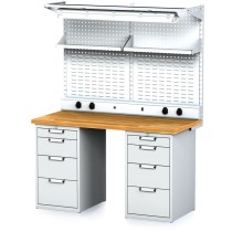 Dielenský stôl MECHANIC I + 2x závesný box na náradie, nadstavba, polica, el. zásuvky a osvetlenie, 8 zásuviek, 1500x700x880 mm