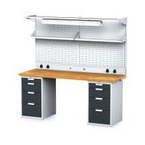 Dielenský stôl MECHANIC I + 2x závesný box, nadstavba, polica, el. zásuvky a osvetlenie, 8 zásuviek, 2000x700x880 mm, antracitové dvere
