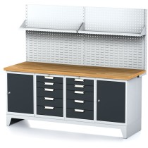 Dielenský stôl MECHANIC I, perforovaný panel, polica, 2 skrinky a 2 zásuvkové boxy na náradie, 10 zásuviek, 2000x700x880 mm, antracitové dvere