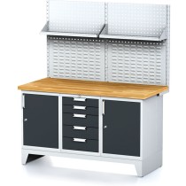 Dielenský stôl MECHANIC I , perforovaný panel, polica, 2 skrinky a zásuvkový box na náradie, 5 zásuviek, 1500x700x880 mm, antracit