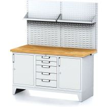 Dielenský stôl MECHANIC I , perforovaný panel, polica, 2 skrinky a zásuvkový box na náradie, 5 zásuviek, 1500x700x880 mm, sivé dvere
