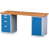 Dielenský stôl MECHANIC I so zásuvkovým boxom a skrinkou na náradie namiesto nôh, 4 zásuvky, 2000 x 700 x 880 mm, modré dvere