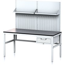 Dielenský stôl MECHANIC II s perfopanelom a policami, 1600x700x745-985 mm, 1 zásuvkový kontajner