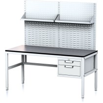 Dielenský stôl MECHANIC II s perfopanelom a policami, 1600x700x745-985 mm, 2 zásuvkový kontajner